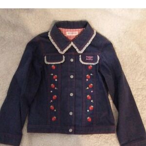Button Up Denim Strawberry Pattern Vintage Mezzo Piano Top / Jacket, Size 130cm